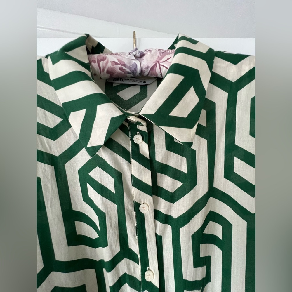 Zara Green and White Geometric Shirt Dress XL - Picture 3 of 4